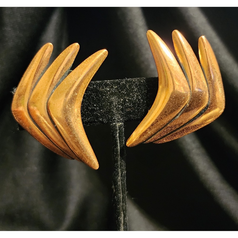 VTG Ramè MCM Copper Triple Chevron Boomerang Clip On Earrings